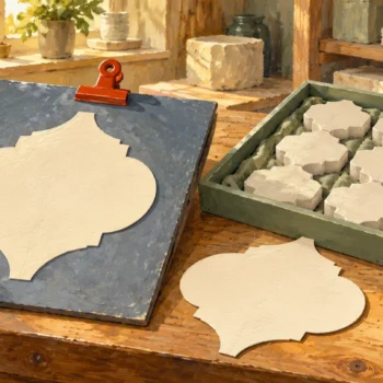 A replacement shaping template is separate from a populated tray of retained tiles.