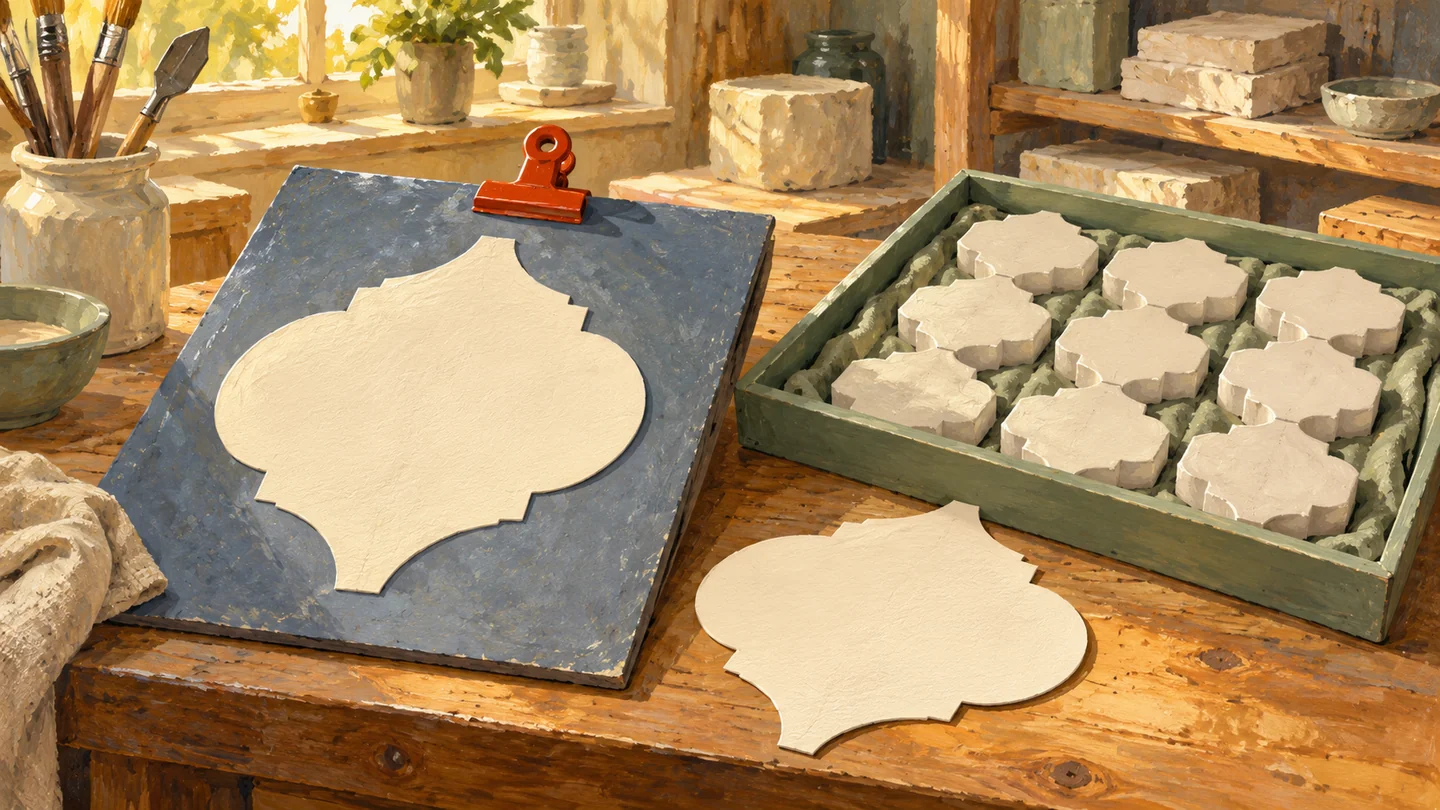 A replacement shaping template is separate from a populated tray of retained tiles.
