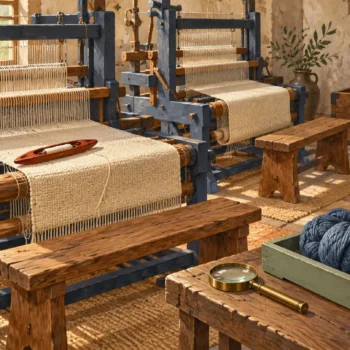 Busy loom stations are inspected beside a separate tray of waiting yarn bundles.