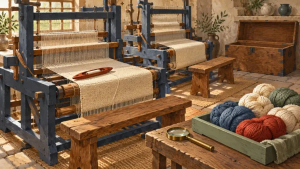 Busy loom stations are inspected beside a separate tray of waiting yarn bundles.