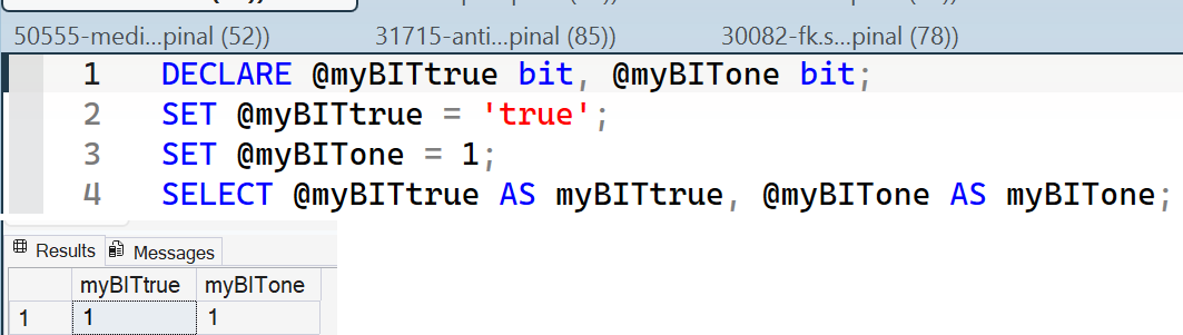SSMS query and result showing myBITtrue 1 and myBITone 1