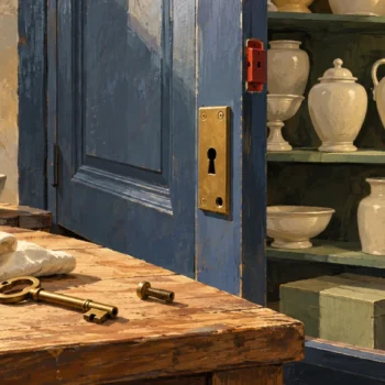 An unlatched cabinet stands open beside its separate key and valuable stored vessels.