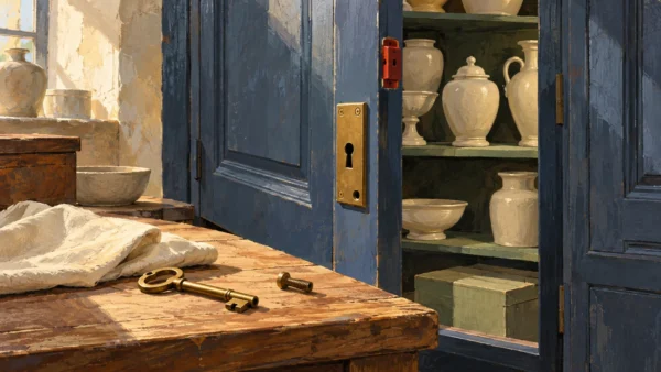 An unlatched cabinet stands open beside its separate key and valuable stored vessels.