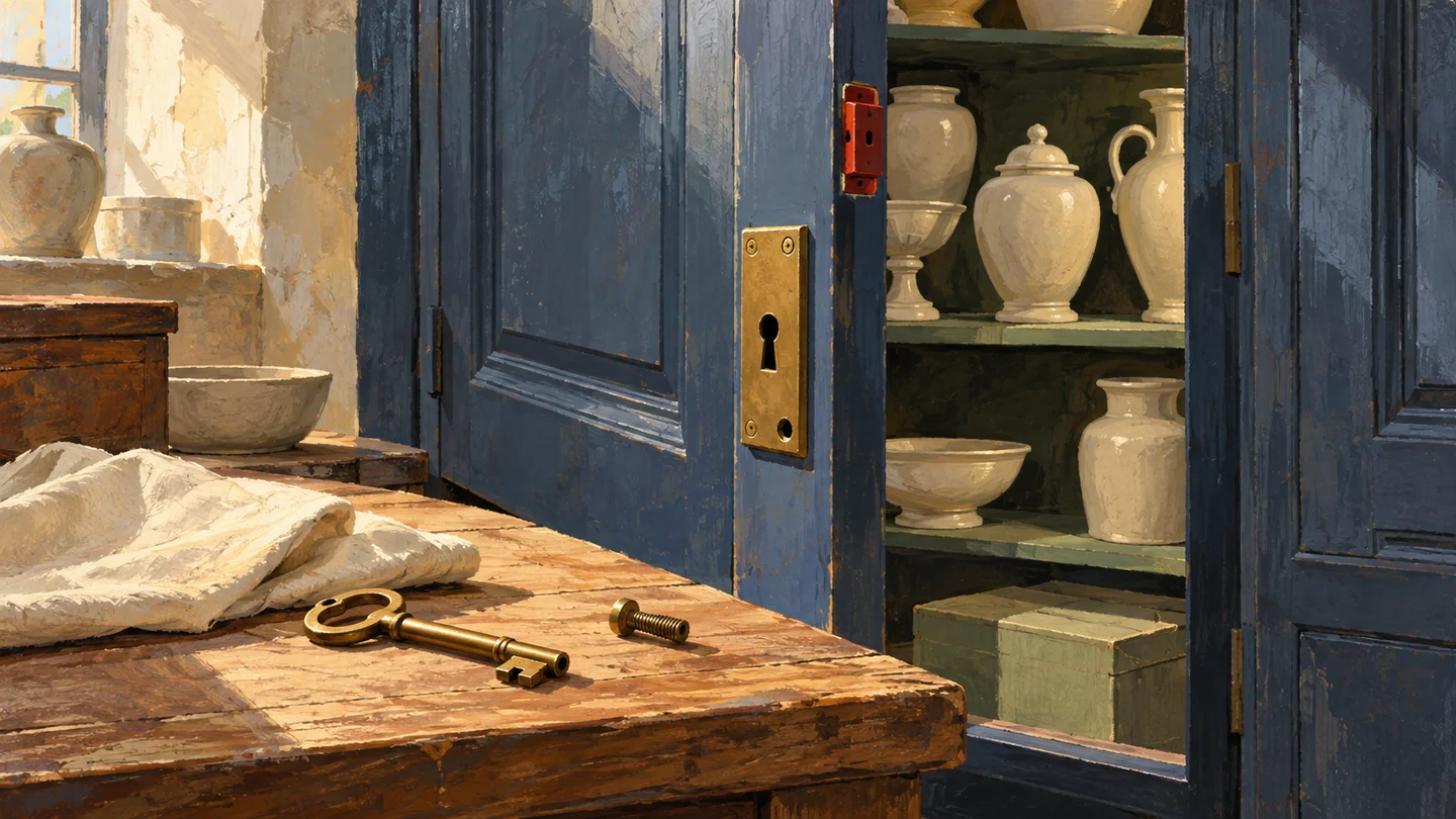 An unlatched cabinet stands open beside its separate key and valuable stored vessels.