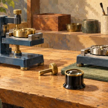 Two neighboring work fixtures are inspected for balance beside a separate adjustment tool.