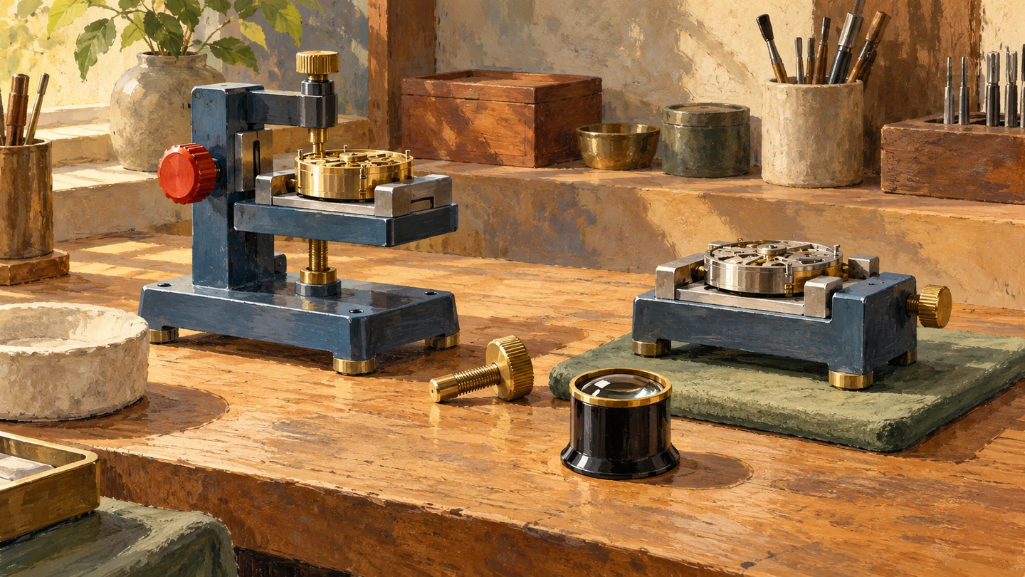 Two neighboring work fixtures are inspected for balance beside a separate adjustment tool.