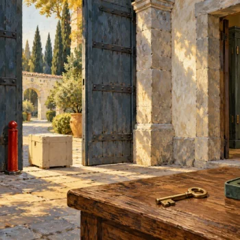 A narrow courtyard entrance remains separate from the secured cabinet inside.