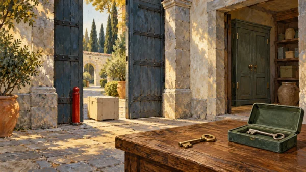 A narrow courtyard entrance remains separate from the secured cabinet inside.