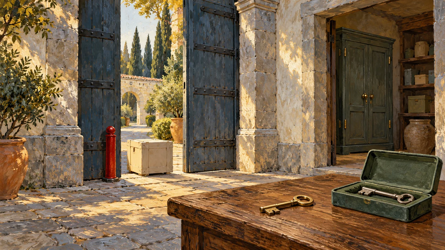 A narrow courtyard entrance remains separate from the secured cabinet inside.