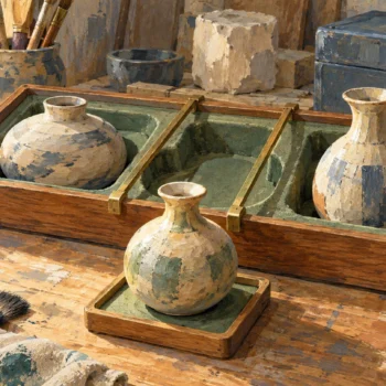 A fitted guide locates one vessel while the surrounding tray remains preserved.