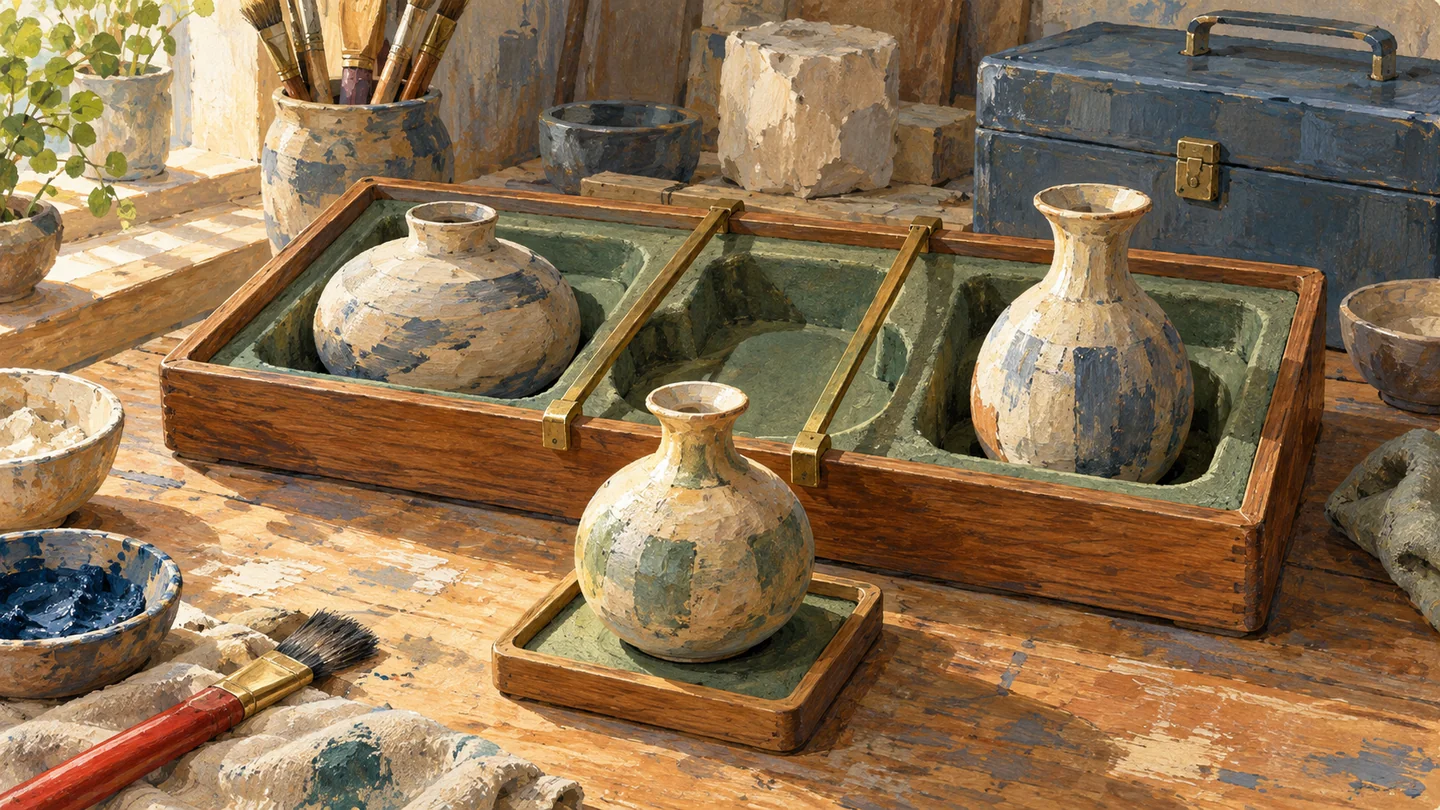 A fitted guide locates one vessel while the surrounding tray remains preserved.