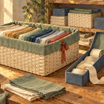 A complete cloth collection and a separate ribbon of additions are preserved at adjacent workstations.