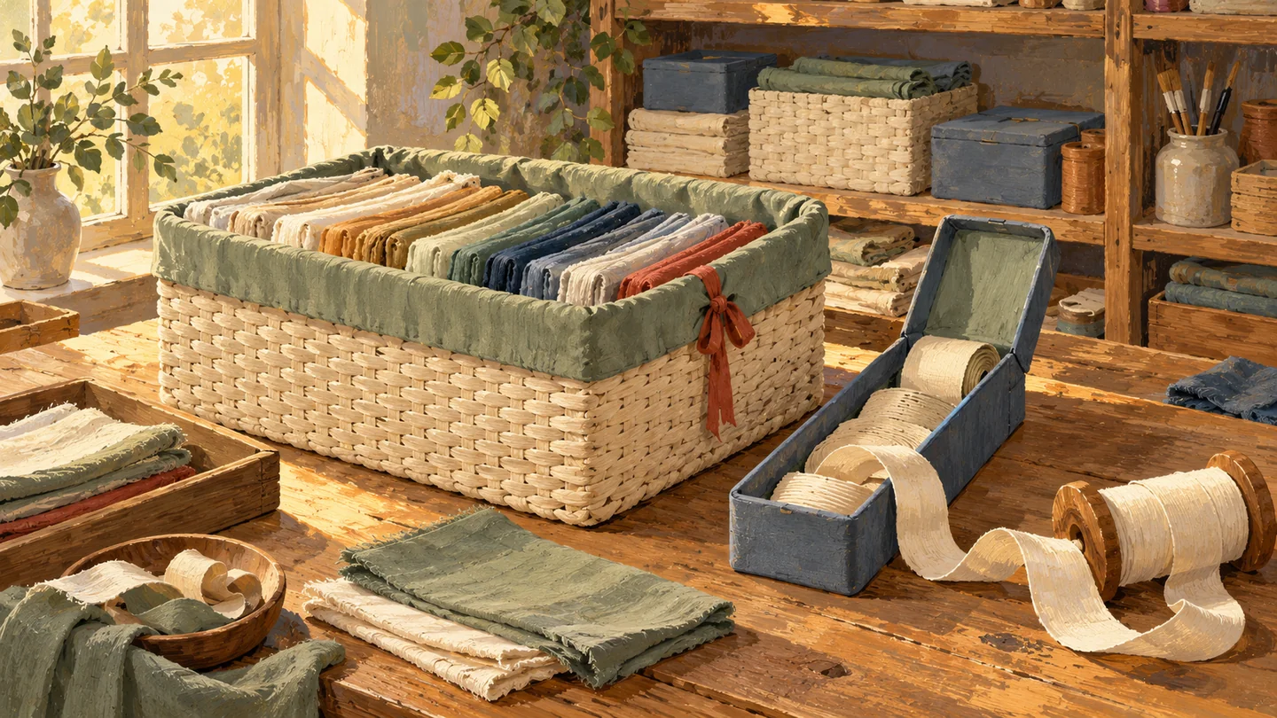 A complete cloth collection and a separate ribbon of additions are preserved at adjacent workstations.