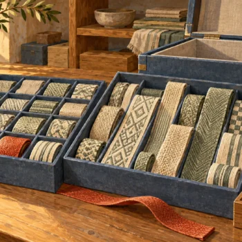 Woven strips of different widths occupy fixed compartments and flexible storage channels.
