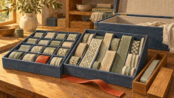 Woven strips of different widths occupy fixed compartments and flexible storage channels.