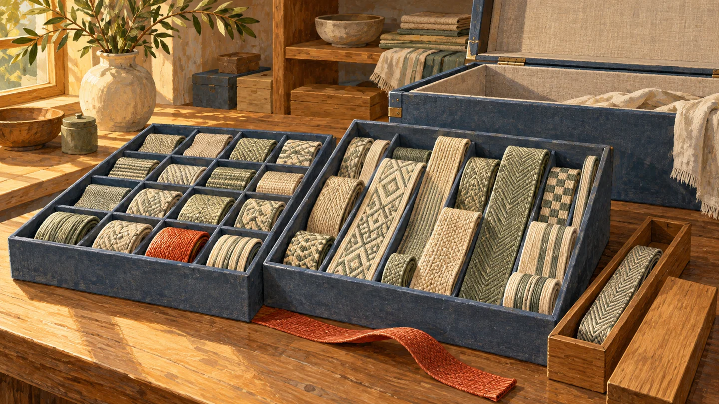 Woven strips of different widths occupy fixed compartments and flexible storage channels.