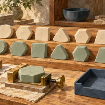 Earlier and changed ceramic samples remain available beside an open receiving tray.