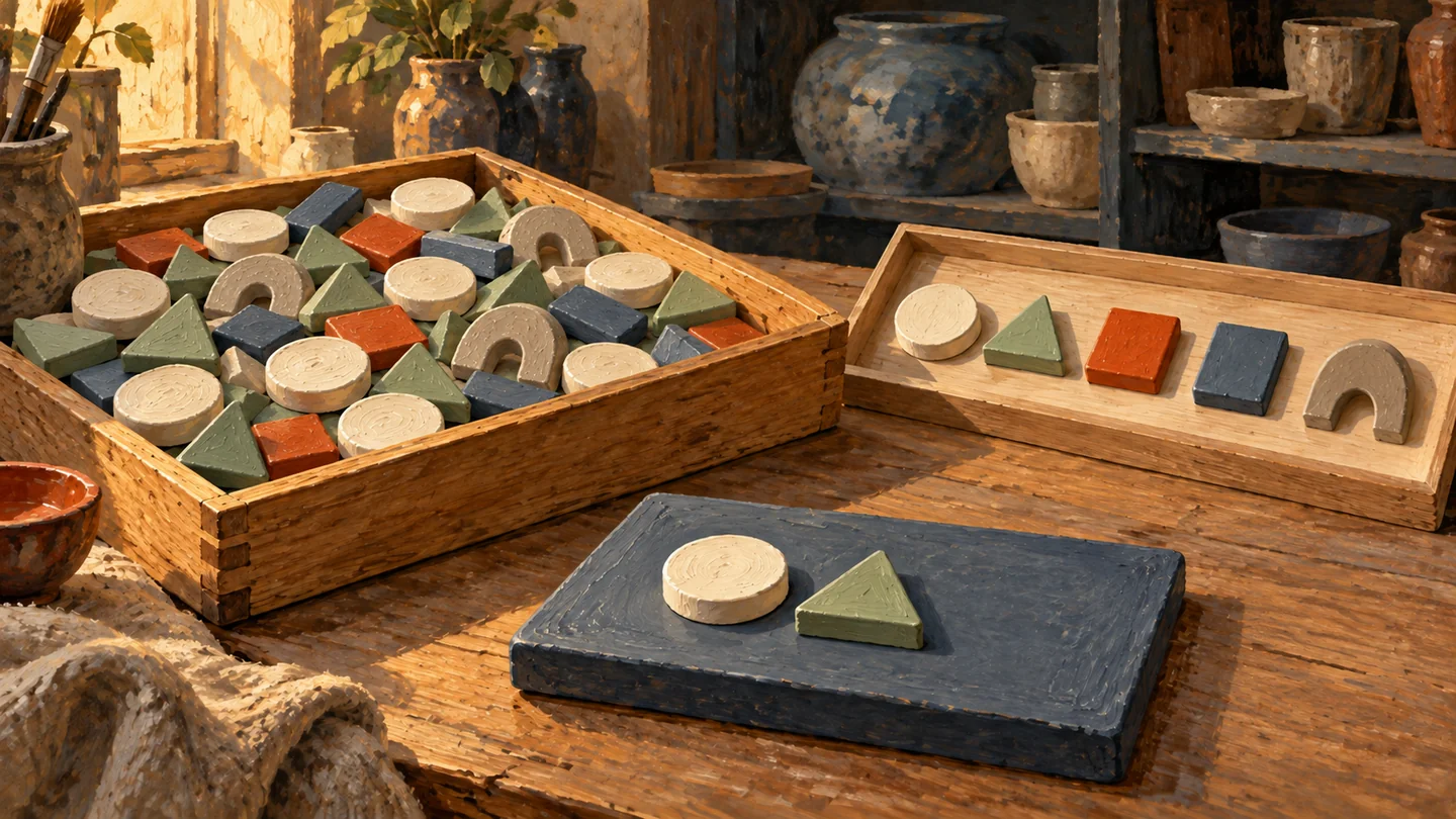 Repeated source tiles sit beside a distinct selection tray and a separate two-tile jig.