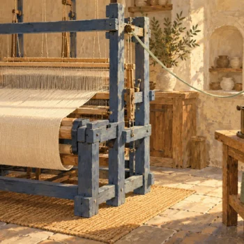 A continuous thread passes through an external fixture and returns to its loom.