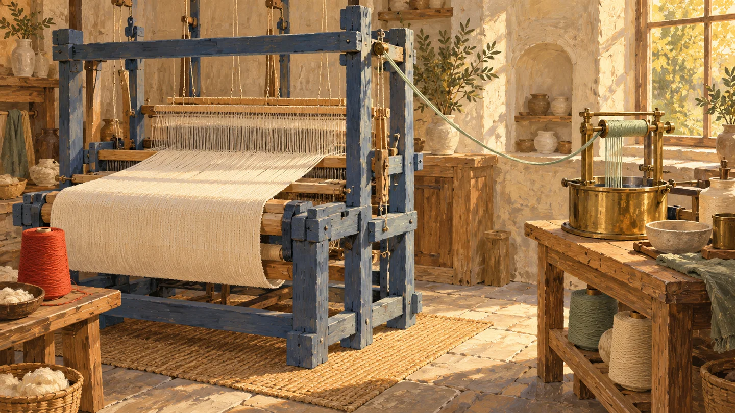 A continuous thread passes through an external fixture and returns to its loom.
