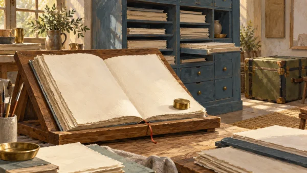 An open folio remains available at the workbench beside a separate storage cabinet.