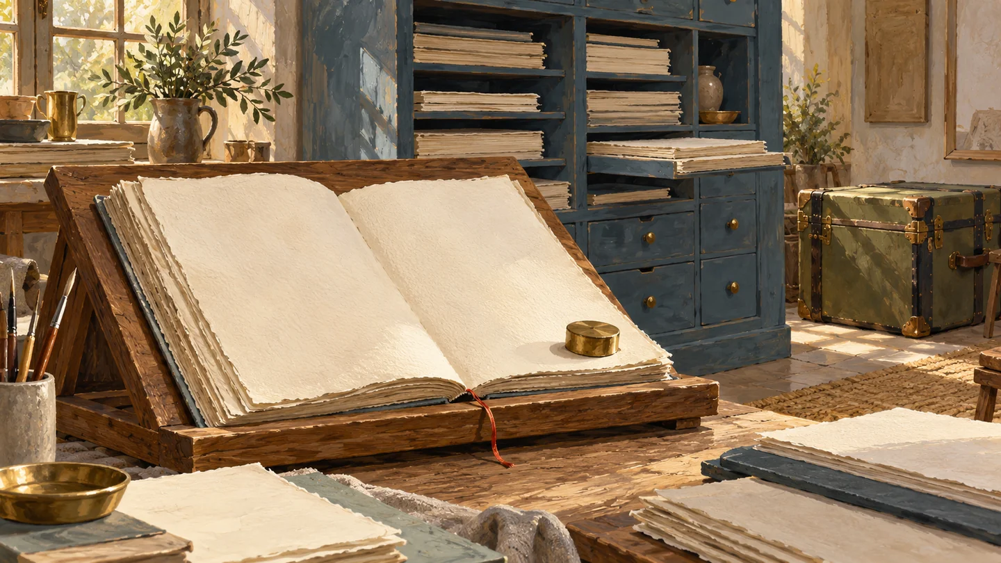 An open folio remains available at the workbench beside a separate storage cabinet.
