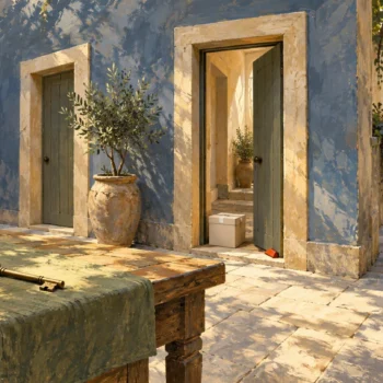 A local doorway is inspected separately from the longer route beyond the courtyard.