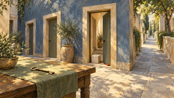 A local doorway is inspected separately from the longer route beyond the courtyard.