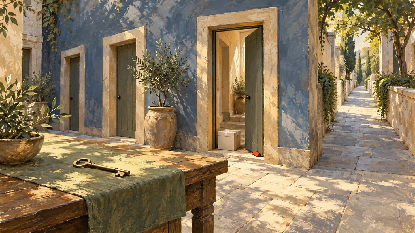 A local doorway is inspected separately from the longer route beyond the courtyard.