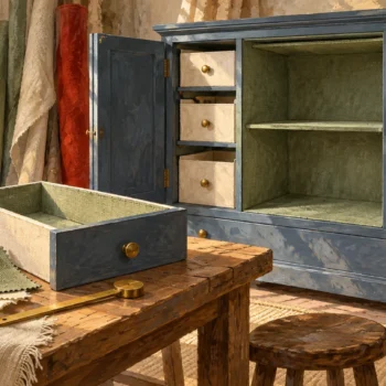 A relined cabinet remains distinct from drawers that retain their earlier linings.