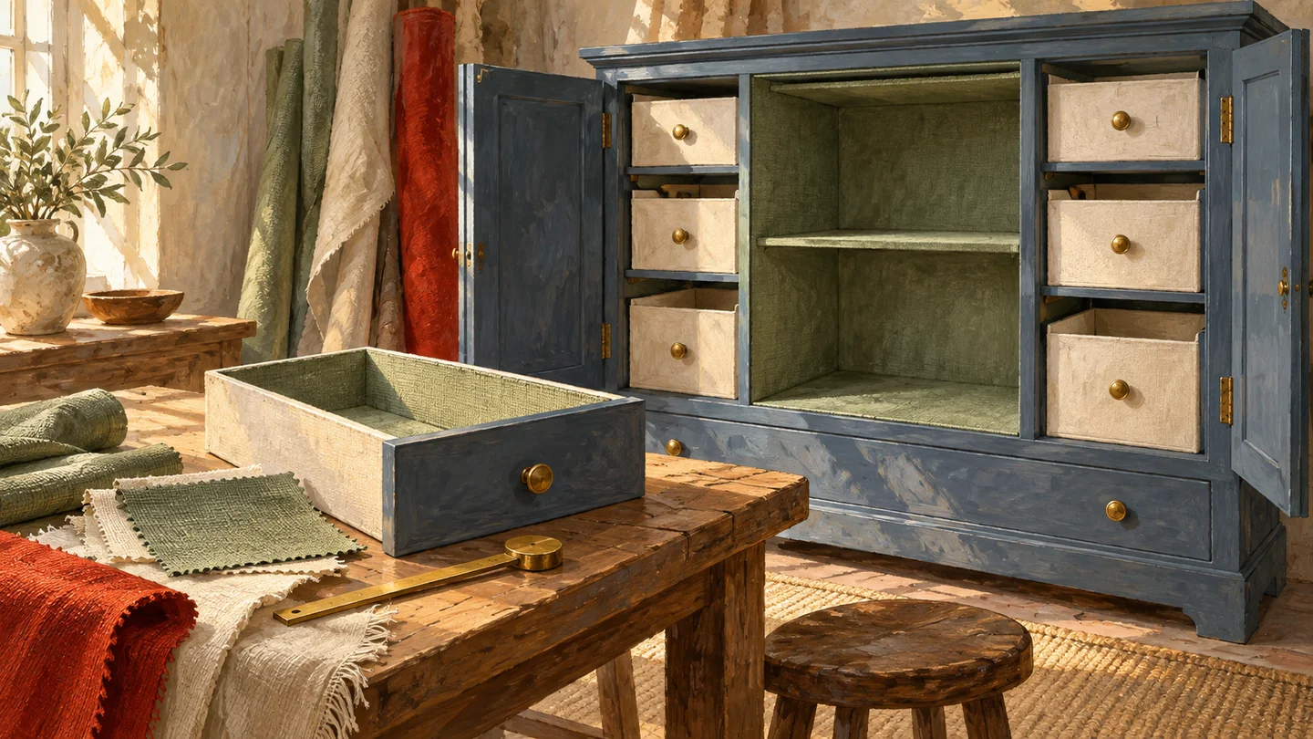 A relined cabinet remains distinct from drawers that retain their earlier linings.