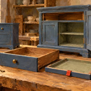 Matched drawer components await fitting beside preserved original materials.