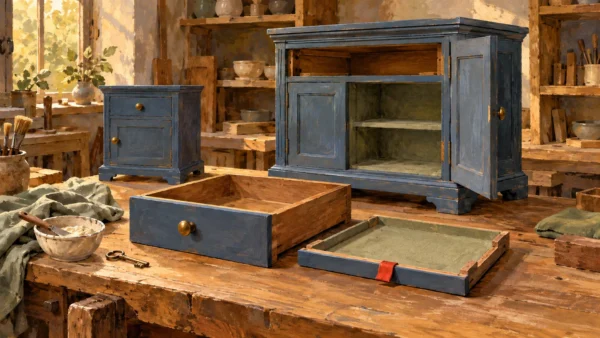 Matched drawer components await fitting beside preserved original materials.