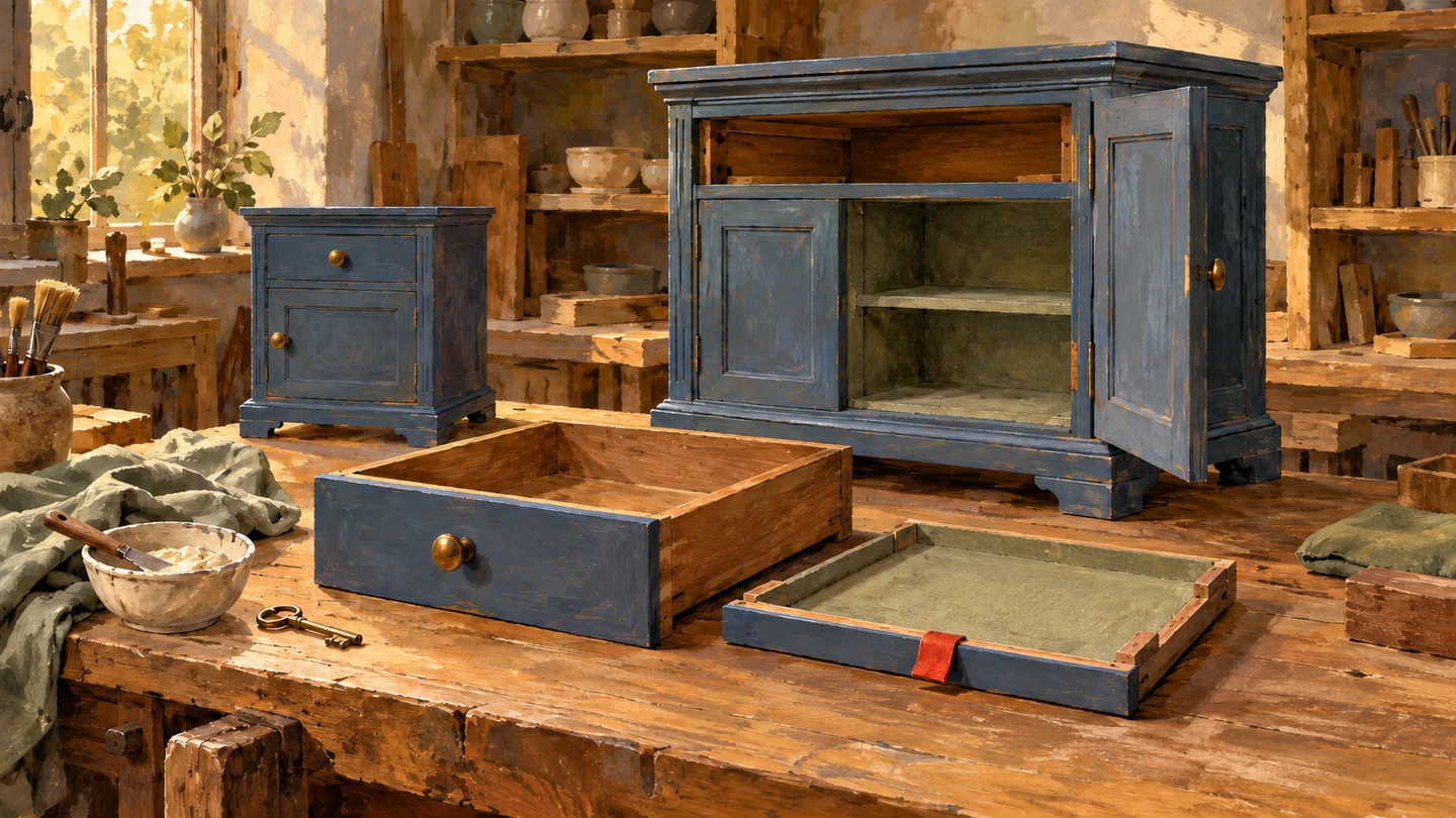 Matched drawer components await fitting beside preserved original materials.