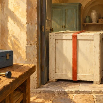 A blocked single doorway is inspected beside an unused repair-tool case.