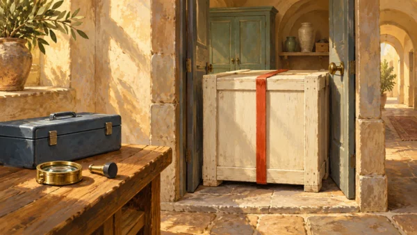 A blocked single doorway is inspected beside an unused repair-tool case.