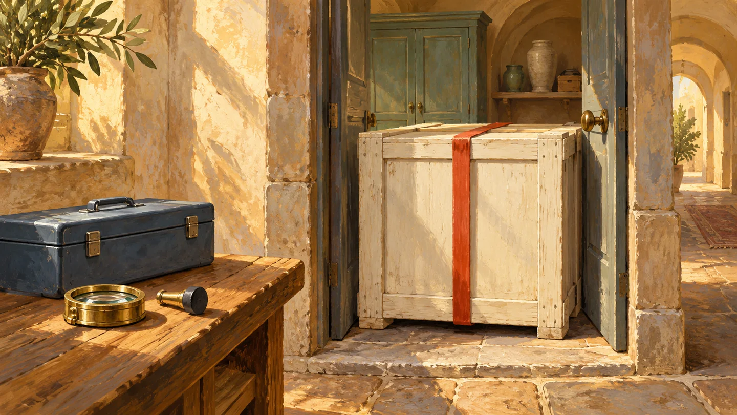A blocked single doorway is inspected beside an unused repair-tool case.