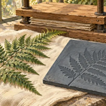 Gouache illustration for the date part example: a fern and its simplified outline beside a wooden press.
