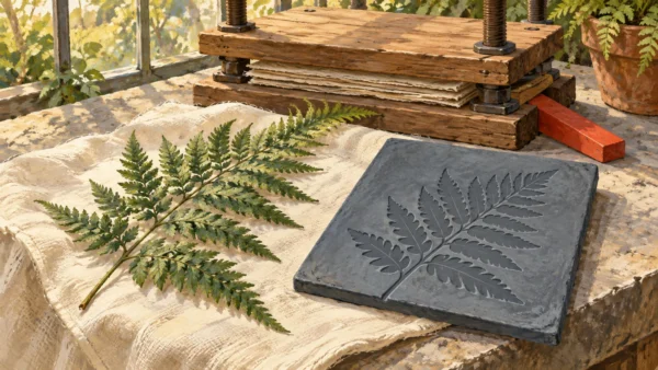 Gouache illustration for the date part example: a fern and its simplified outline beside a wooden press.