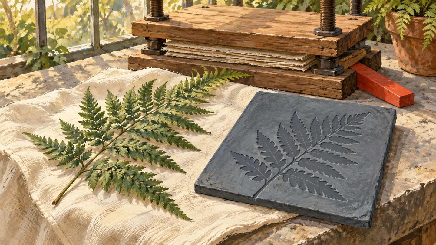 Gouache illustration for the date part example: a fern and its simplified outline beside a wooden press.