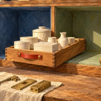 An intact vessel tray changes compartments within one cabinet beside preserved fittings.