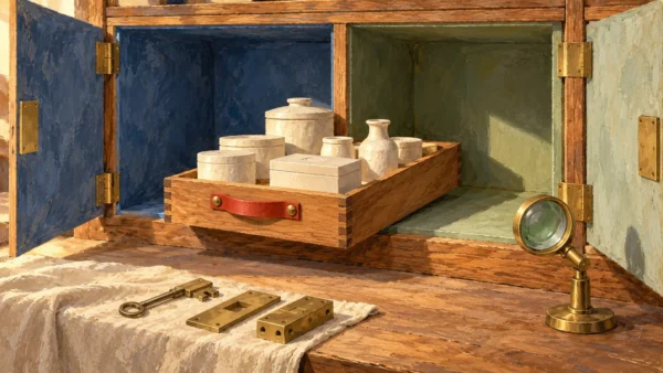 An intact vessel tray changes compartments within one cabinet beside preserved fittings.