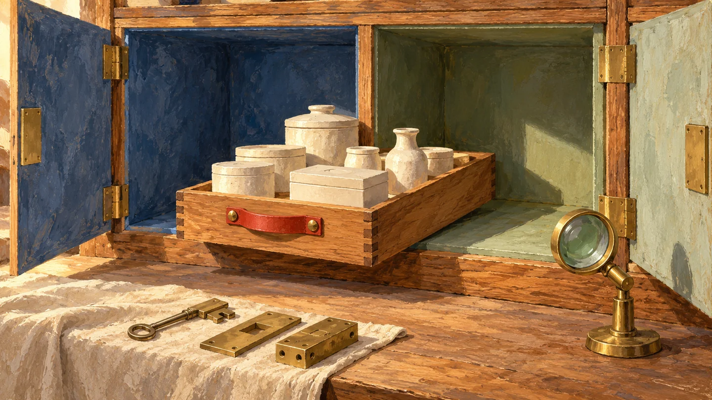 An intact vessel tray changes compartments within one cabinet beside preserved fittings.