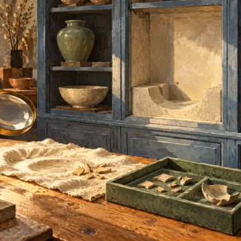 An empty fitted recess and preserved fragments are inspected for evidence of removal.