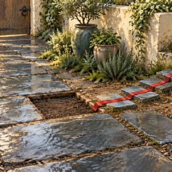 A missing courtyard stepping stone leads through a red-ribboned side path to the relocated slab.