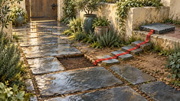 A missing courtyard stepping stone leads through a red-ribboned side path to the relocated slab.