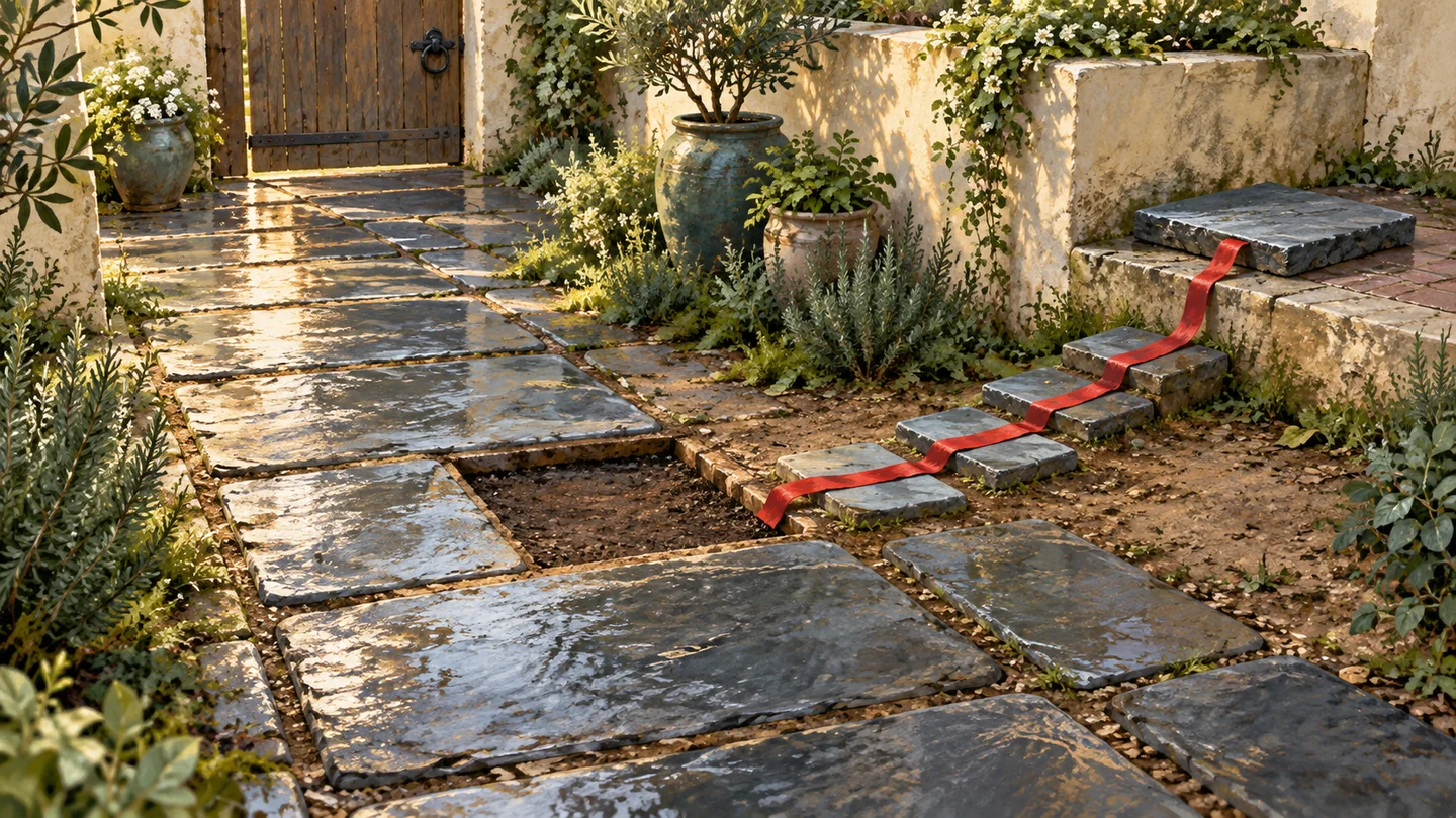 A missing courtyard stepping stone leads through a red-ribboned side path to the relocated slab.