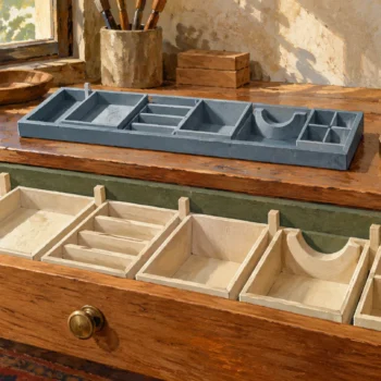 An open fitted drawer and corresponding sample tray preserve their compartment sequence.