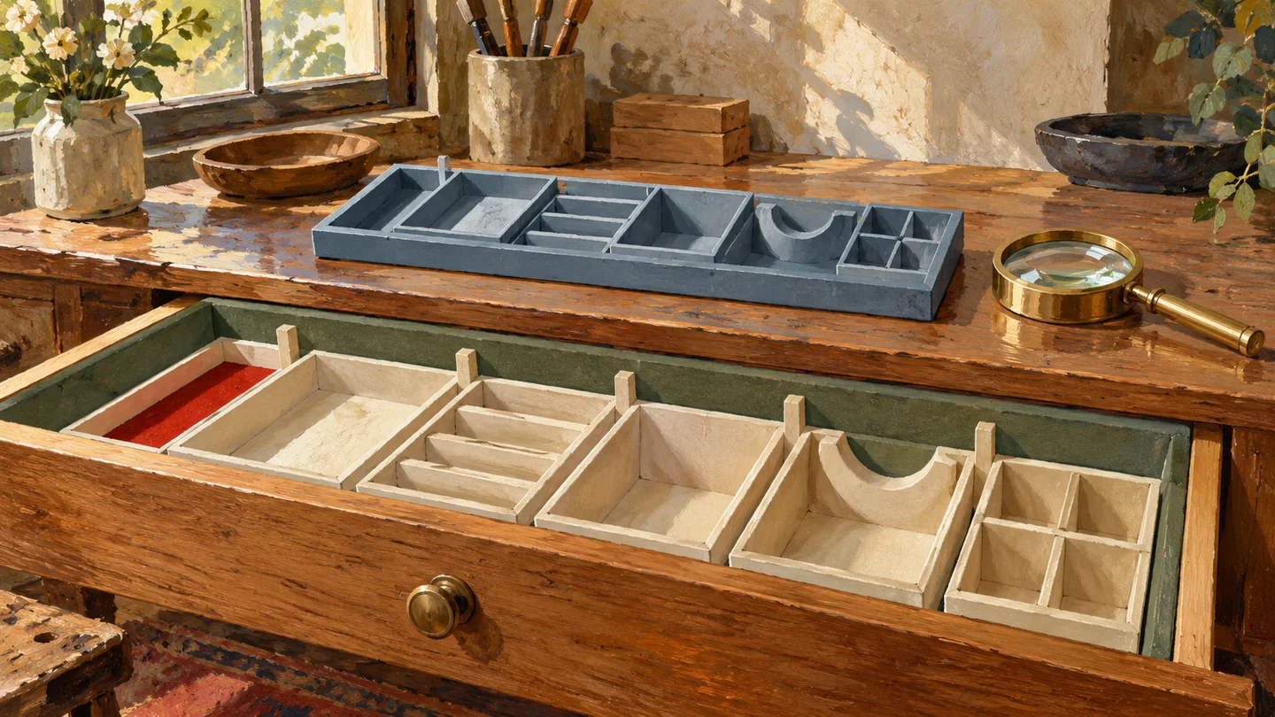 An open fitted drawer and corresponding sample tray preserve their compartment sequence.