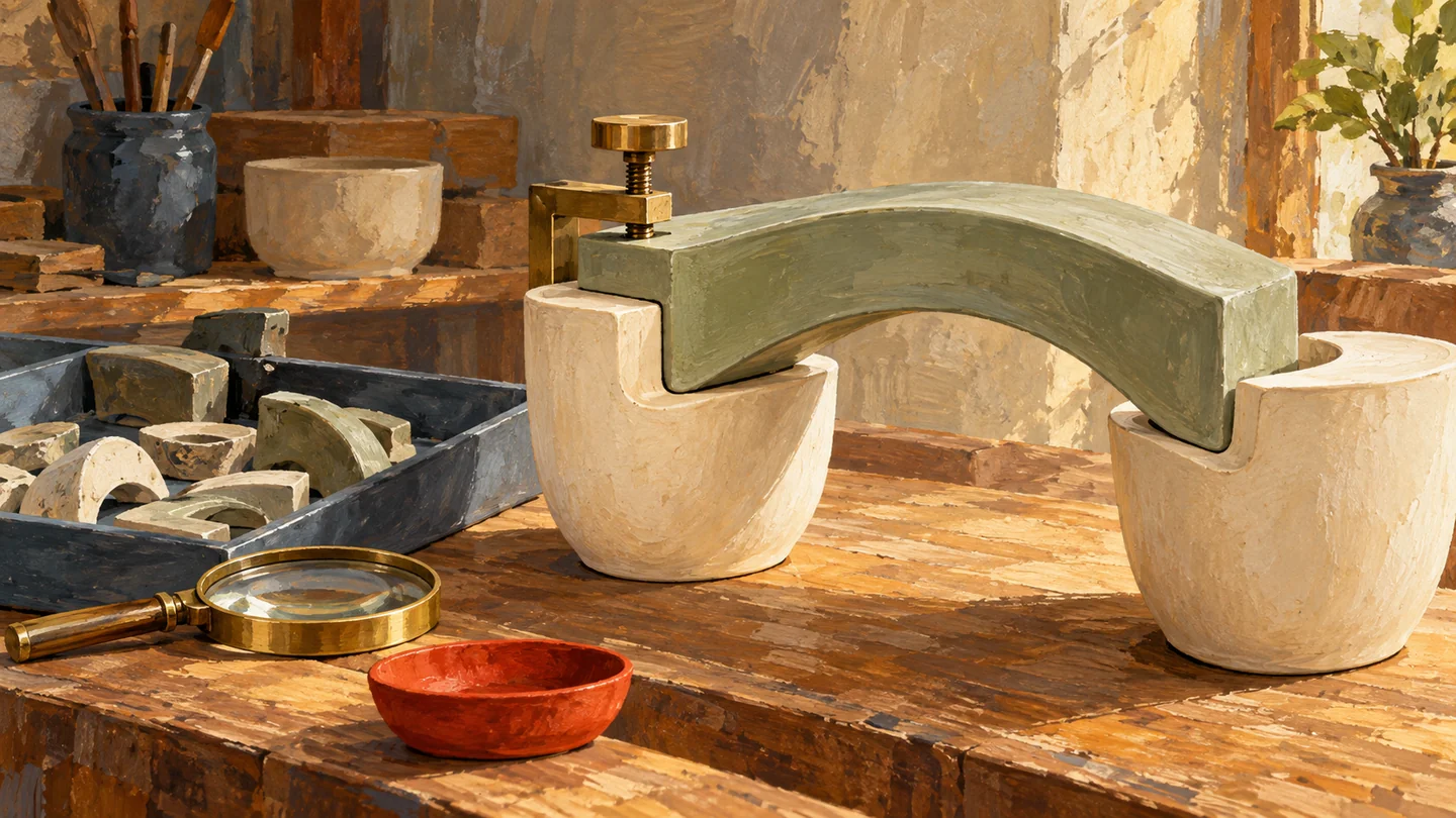 An engaged fitting clamp remains separate from older pieces awaiting inspection.